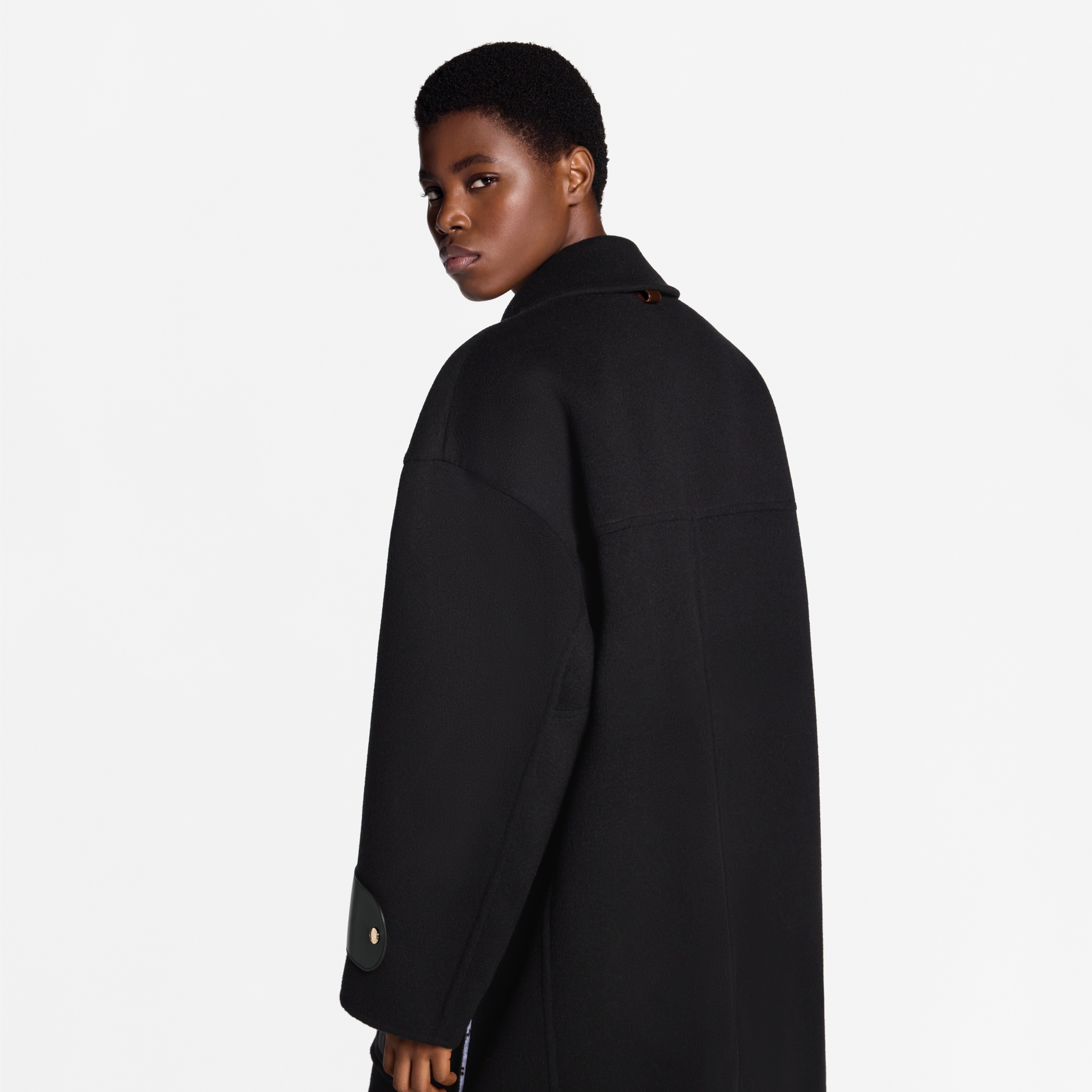 LV 25FW Double-Faced Wool Coat Jacket Lambskin Edge Black 311694